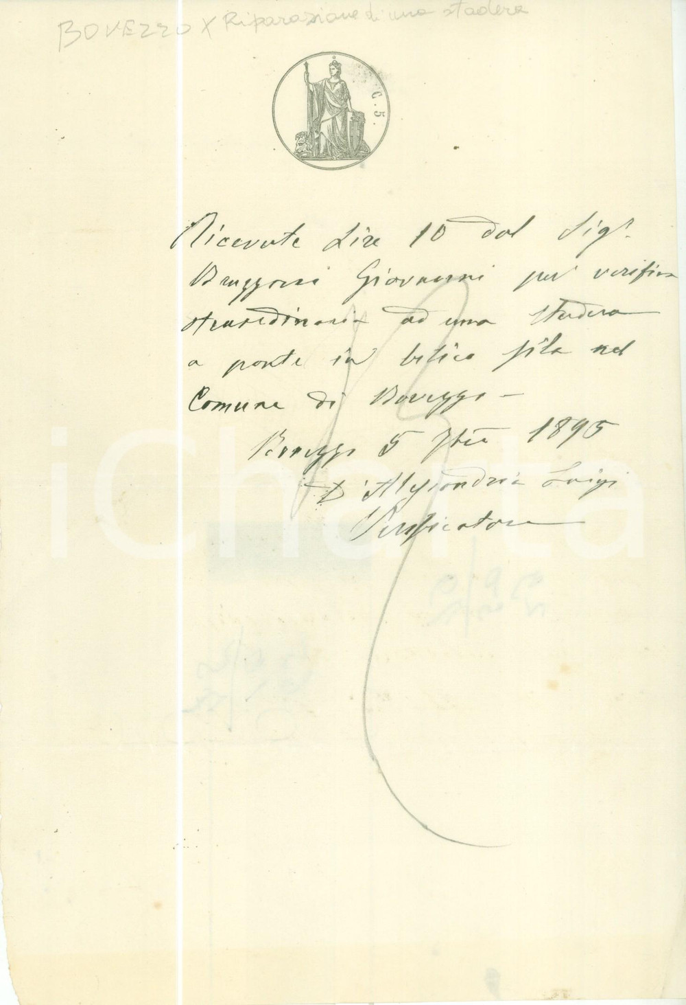 Documento originale, autentico 1895 BOVEZZO BS Compenso Giovanni BRUZZONI per verifica a stadera a ponte 1