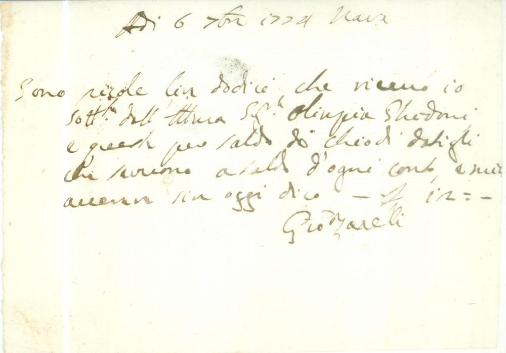 Documento originale, autentico 1774 NAVE BS Olimpia GHIDONI paga un acquisto di chiodi Ricevuta 1