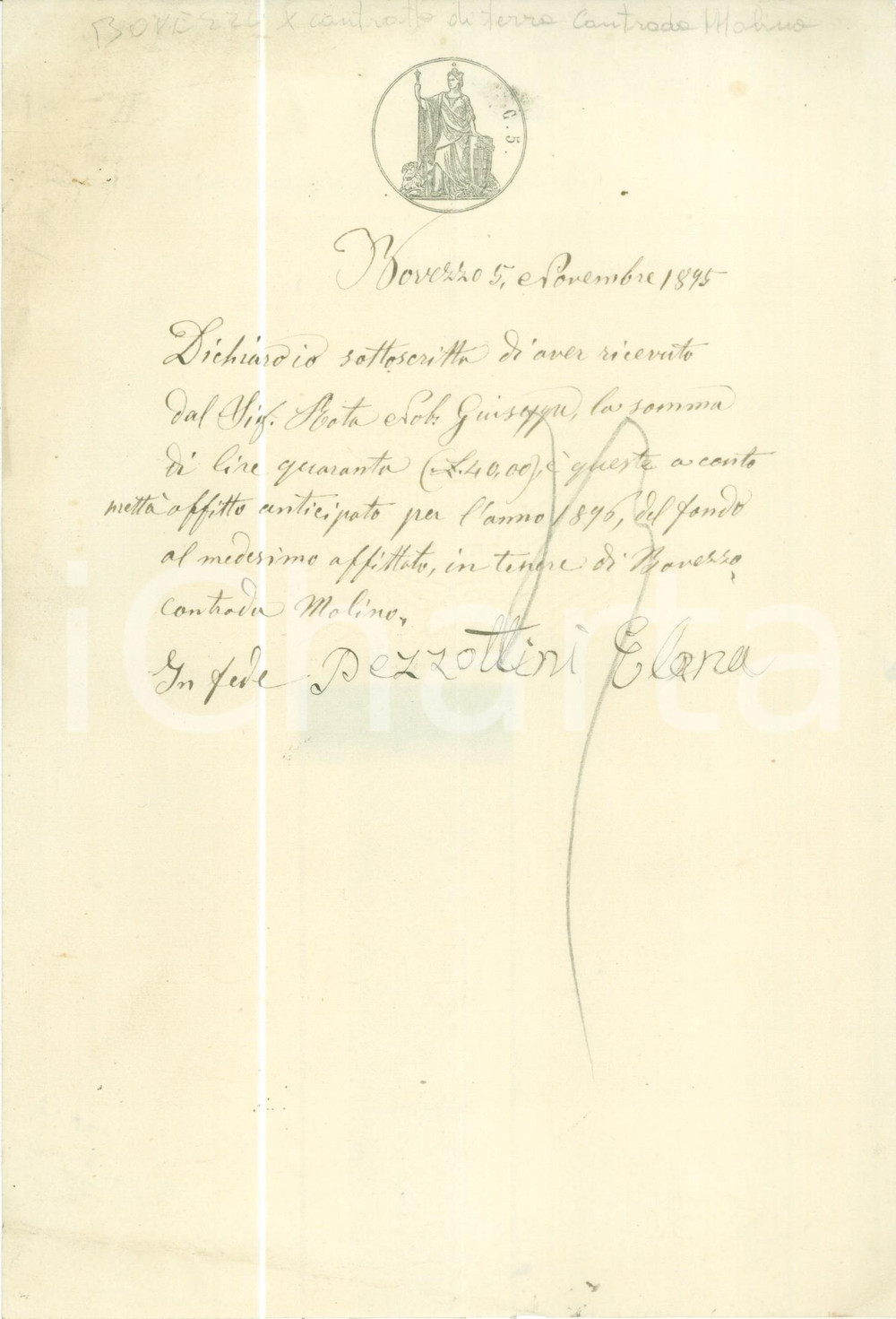 Documento originale, autentico 1895 BOVEZZO BS Giuseppe ROTA paga affitto a Elena PEZZOTTINI Documento 1