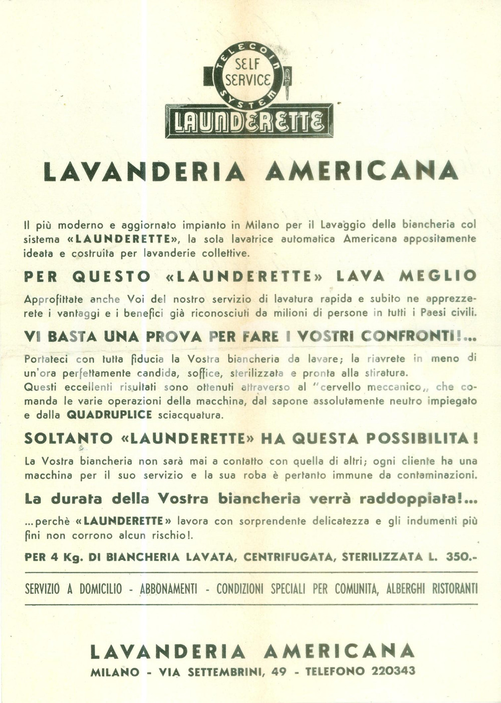 Materiale pubblicitario d’epoca 1950 ca MILANO Via Settembrini 49 Lavanderia Americana LAUNDERETTE Volantino 1