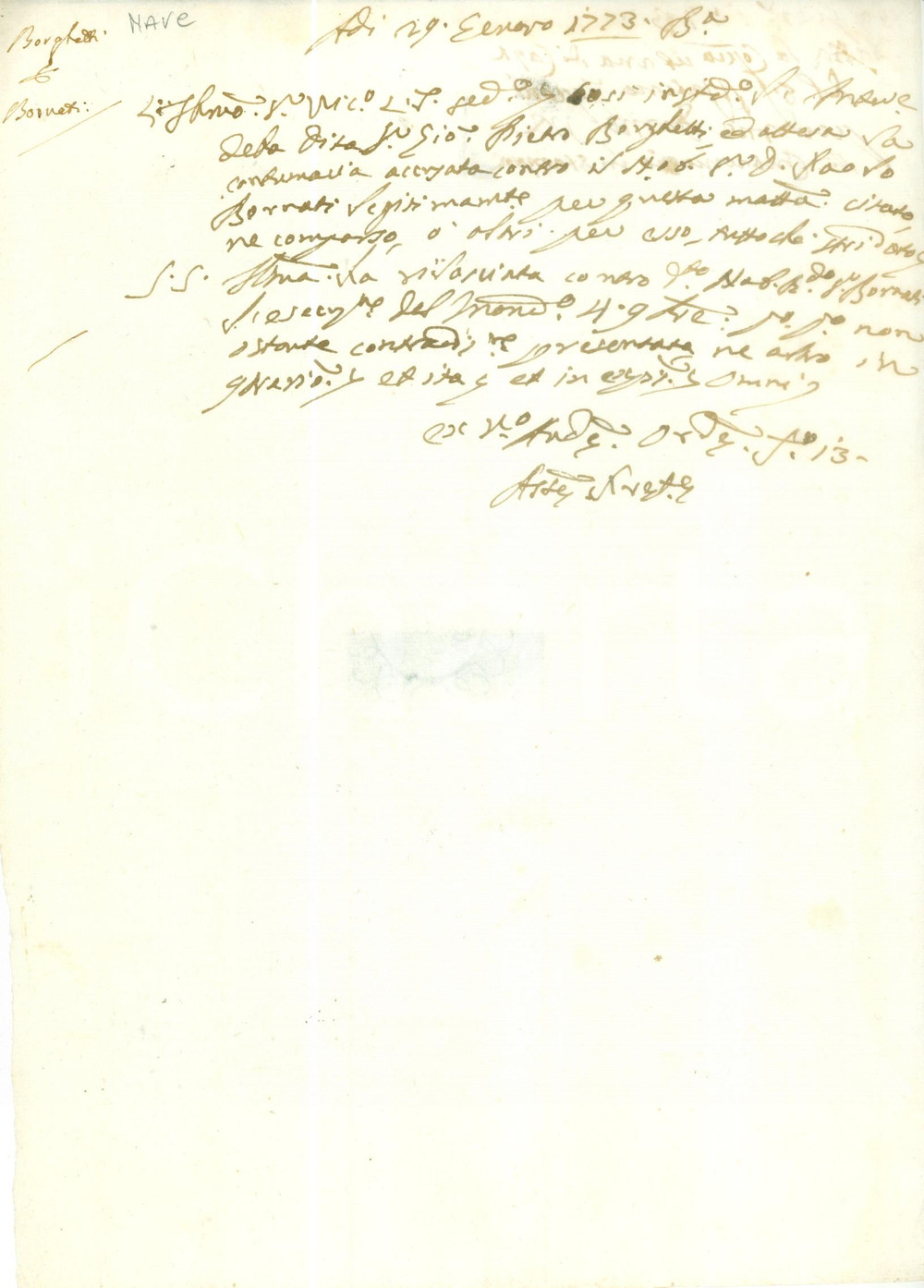 Documento originale, autentico 1773 NAVE BS Ditta Giovanni Pietro BORGHETTI contro Paolo BORNATI Documento 1