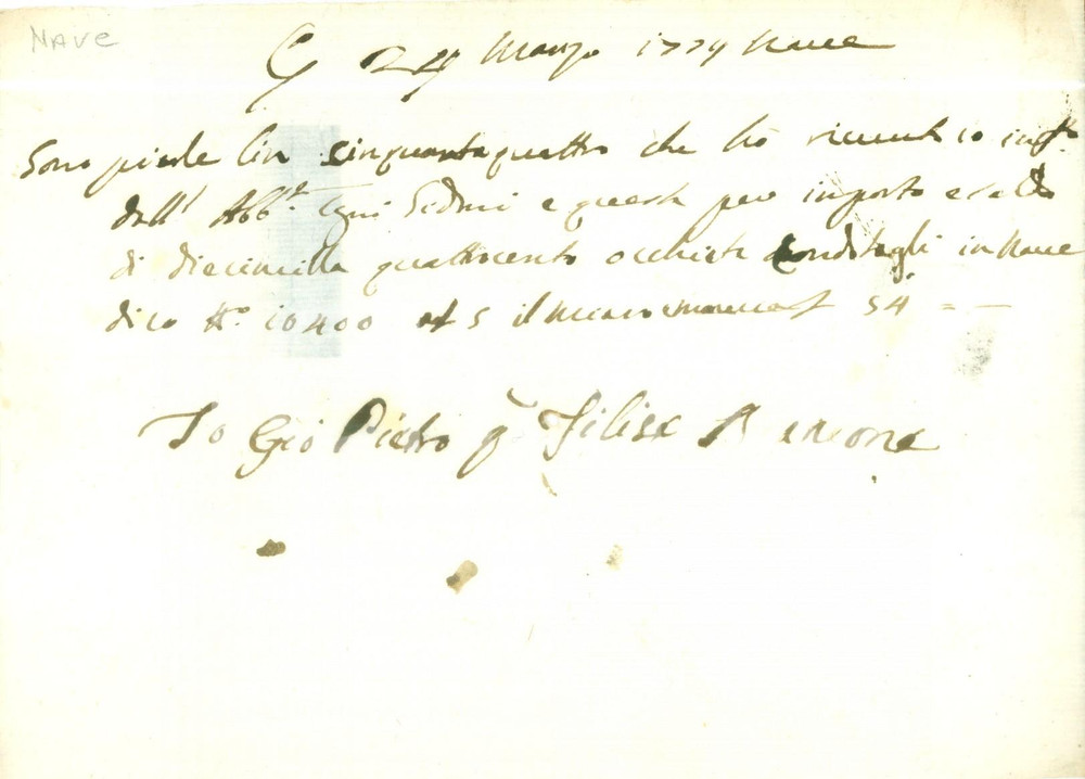 Documento originale, autentico 1774 NAVE BS Abate GHIDONI versa un pagamento Ricevuta manoscritta 1