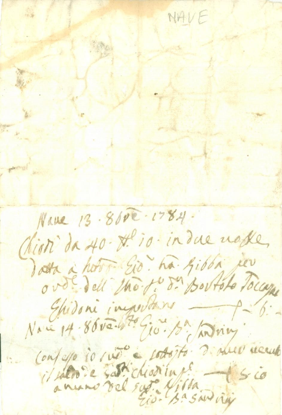 Documento originale, autentico 1784 NAVE BS Giovanni Battista SANDRINI riceve pagamento per chiodi Documento 1