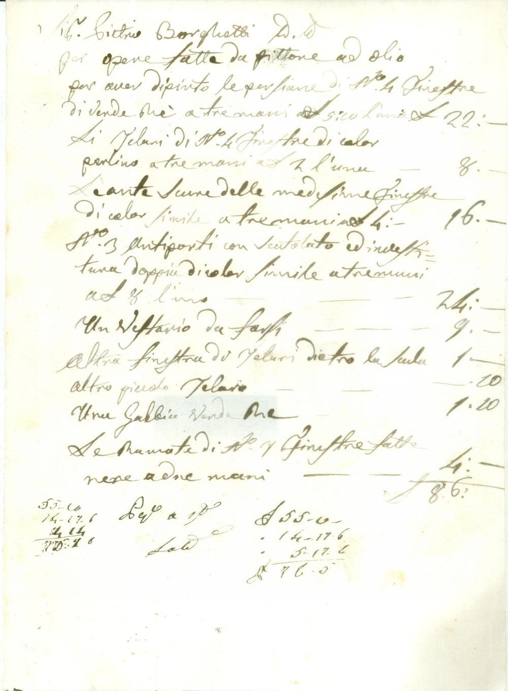 Documento originale, autentico 1800 ca BRESCIA Conto lavori vari pittura e carpenteria per Pietro BORGHETTI 1