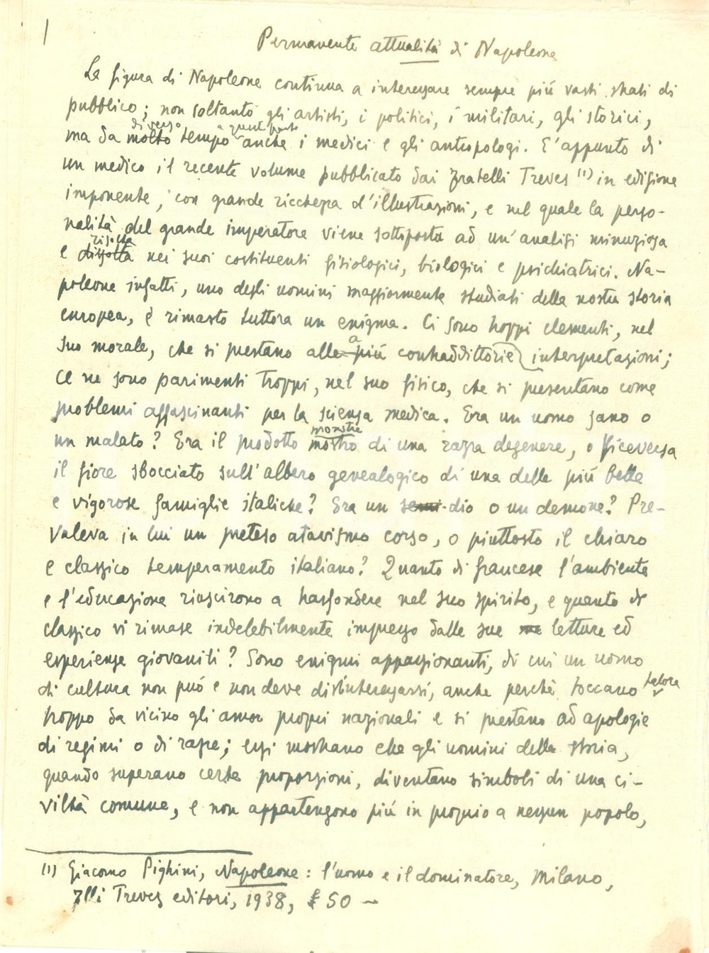 Manoscritto, lettera originale 1950 ca Permanente attualitÃ  di NAPOLEONE Bozza di articolo MANOSCRITTO 1