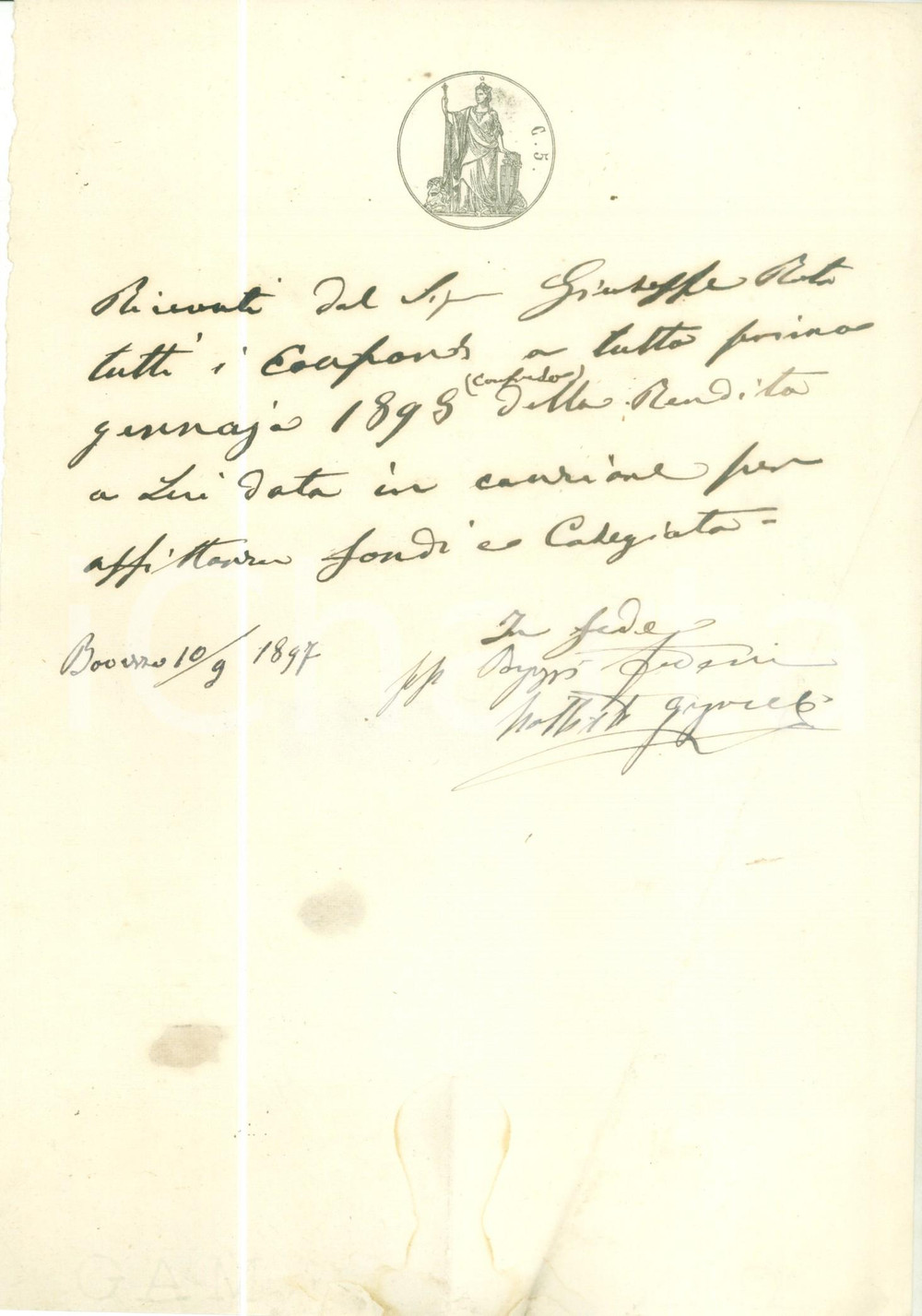 Documento originale, autentico 1897 BOVEZZO BS Giuseppe ROTA versa cauzione per la rendita Documento 1