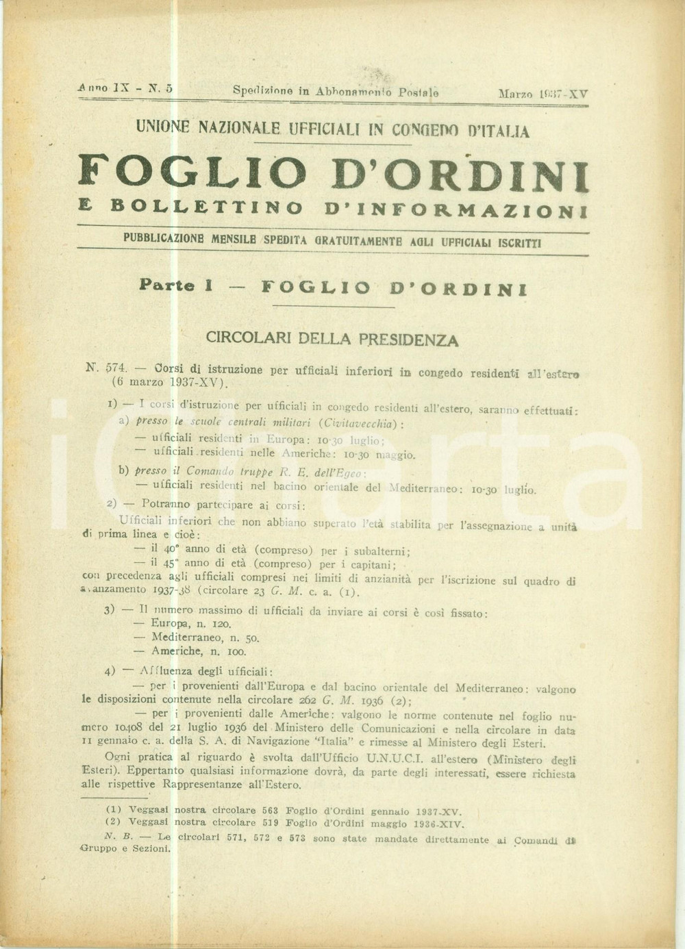 1937 ROMA U.N.U.C.I. Foglio d'ordini Avanzamento ufficiali di complemento