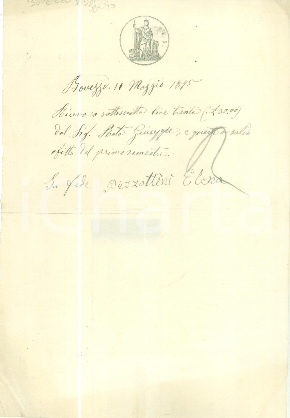 Documento originale, autentico 1895 BOVEZZO BS Elena PEZZOTTINI riceve pagamento affitto da Giuseppe ROTA 1
