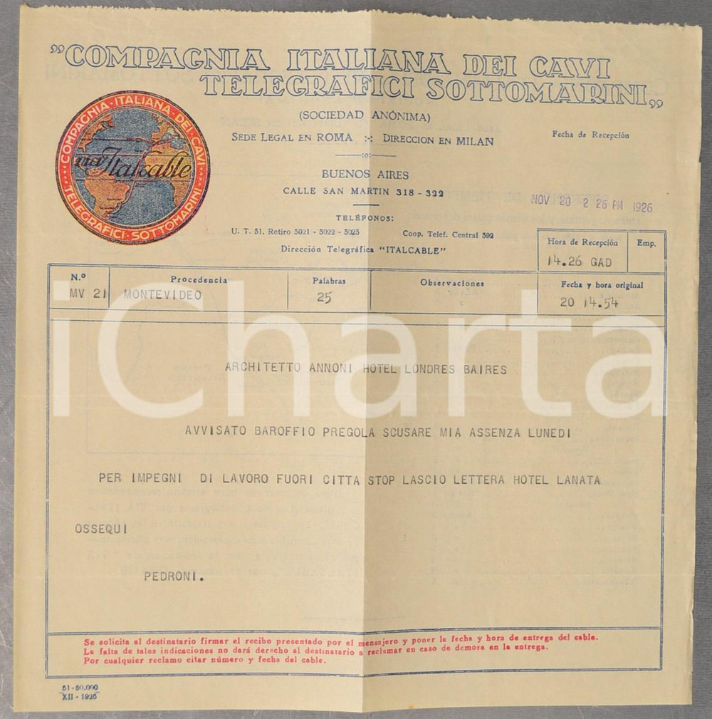 Documento originale, autentico 1926 BUENOS AIRES Compagnia Italiana dei Cavi Telegrafici Sottomarini Telegramma 1