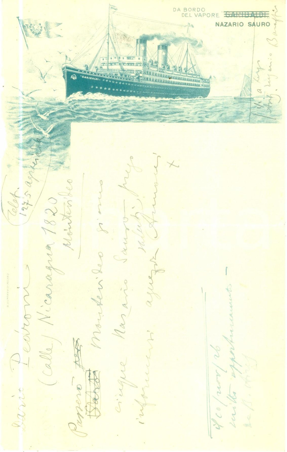Documento originale, autentico 1926 MILANO Vapore NAZARIO SAURO ex GARIBALDI Bozza telegramma carta intestata 1