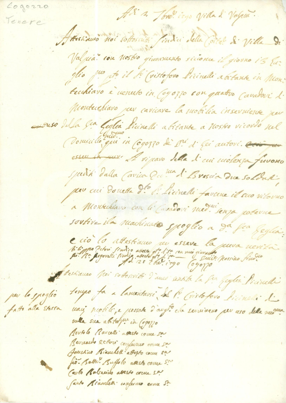 Documento originale, autentico 1790 COGOZZO Cristoforo PICINELLI non riesce a sottrarre mobili Giulia PICINELLI 1