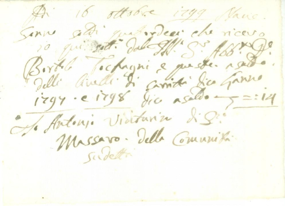 Documento originale, autentico 1799 NAVE BS Massaro Antonio VENTURINI riceve pagamento da Bortolo TOCCAGNI 1
