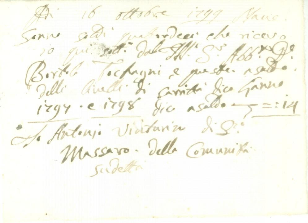 Documento originale, autentico 1799 NAVE BS Massaro Antonio VENTURINI riceve pagamento da Bortolo TOCCAGNI 1