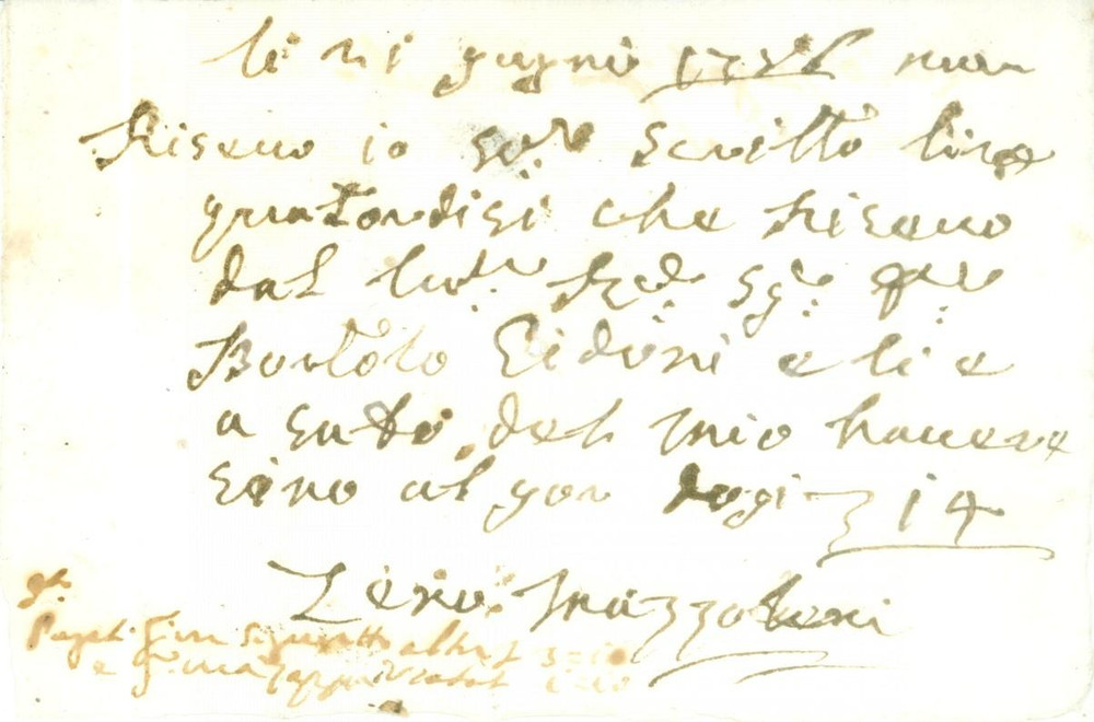 Documento originale, autentico 1786 NAVE BS Zeno MAZZOLENI riceve pagamento da Bortolo GHIDONI Ricevuta 1