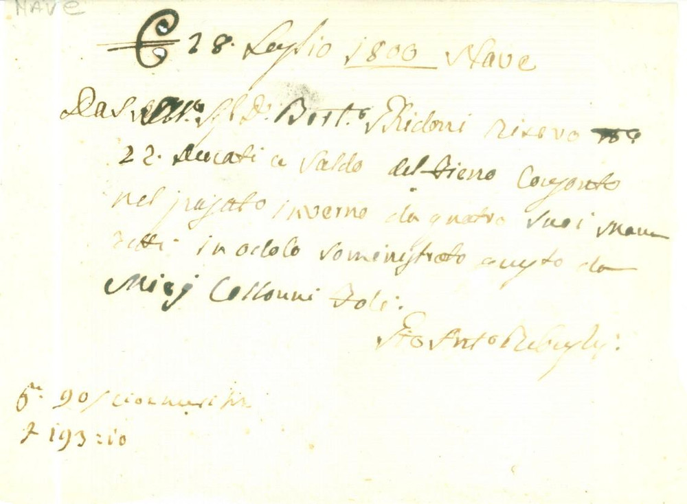 Documento originale, autentico 1800 NAVE BS Bortolo GHIDONI TOCCAGNI paga fineo Ricevuta 1