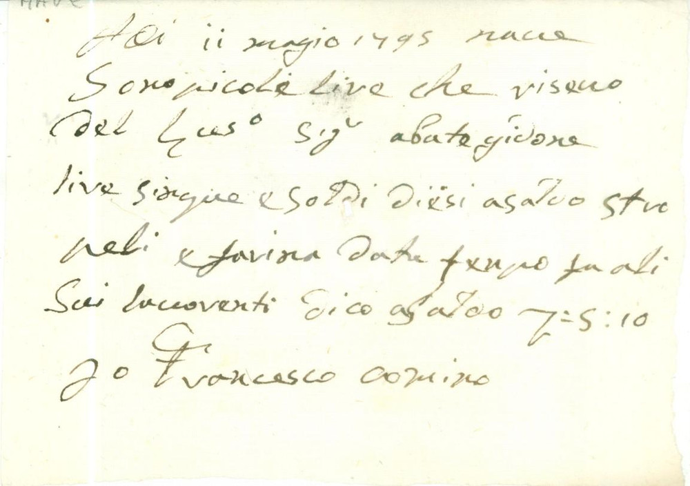 Documento originale, autentico 1795 NAVE BS Francesco COMINO riceve pagamento dall abate GHIDONI Ricevuta 1