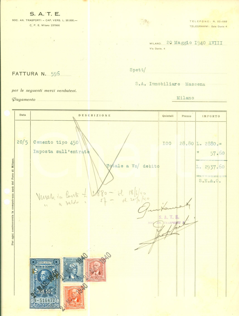 Documento originale, autentico 1940 MILANO Via Dante 4 Società  Anonima Trasporti S.A.T.E. Fattura commerciale 1
