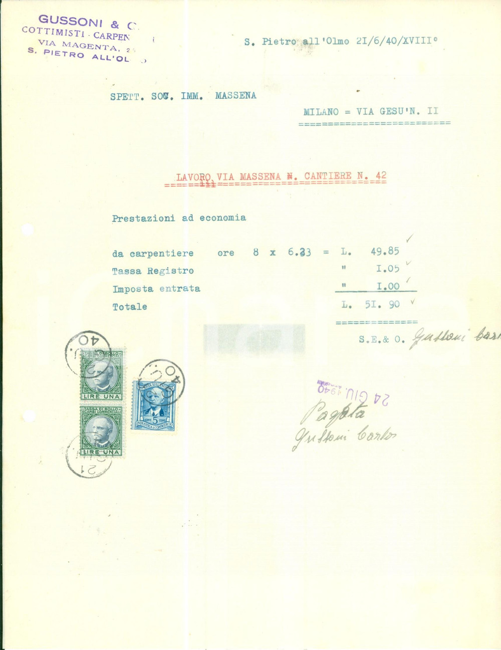 Documento originale, autentico 1940 SN PIETRO ALL OLMO Cottimisti carpentieri GUSSONI & C. Fattura 1