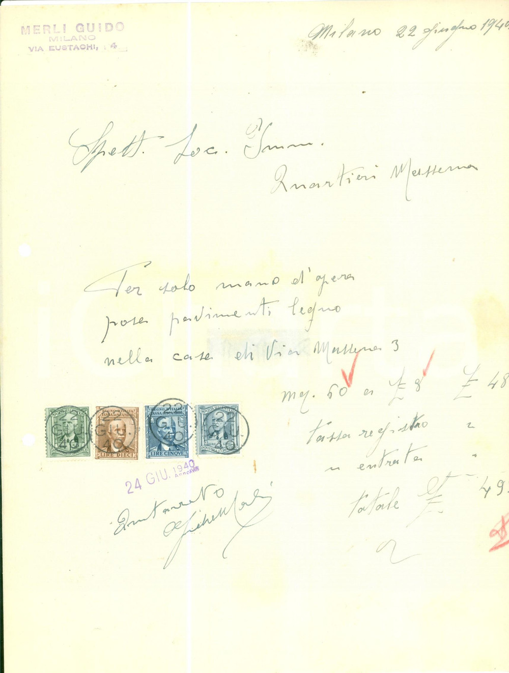 Documento originale, autentico 1940 MILANO Via Eustachi 4 Guido MERLI Lavori ai quartieri MASSENA Fattura 1