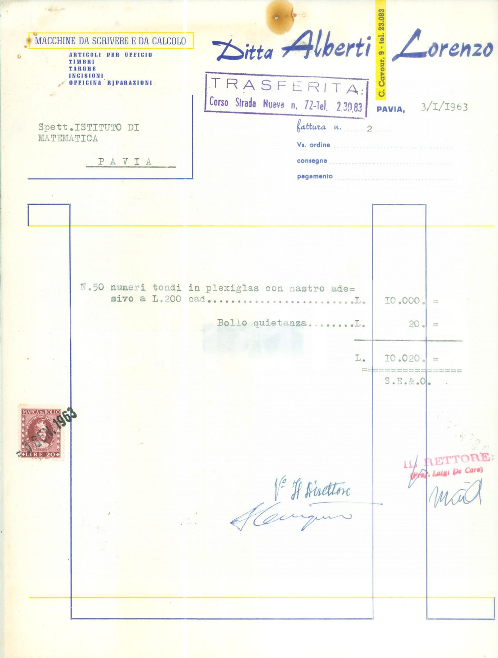 Documento originale, autentico 1963 MILANO Ditta Lorenzo ALBERTI Macchine da scrivere e da calcolo Fattura 1