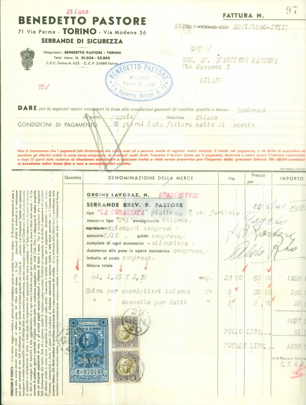 Documento originale, autentico 1940 TORINO Benedetto PASTORE Serrande di sicurezza Fattura intestata 1