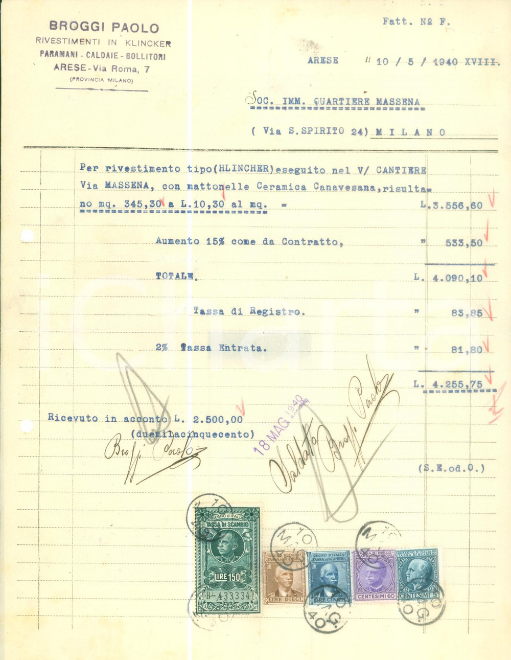 Documento originale, autentico 1940 MILANO Paolo BROGGI Rivestimenti in clinker Caldaie Fattura intestata 1