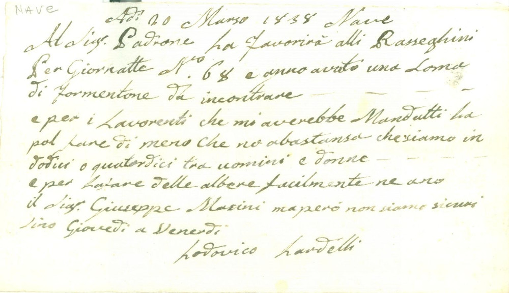 Documento originale, autentico 1838 NAVE BS Lodovico LARDELLI su compensi dei lavoranti Documento 1