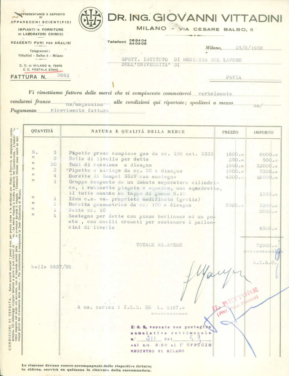 Documento originale, autentico 1958 MILANO Giovanni VITTADINI Apparecchi scientifici Fattura dattiloscritta 1