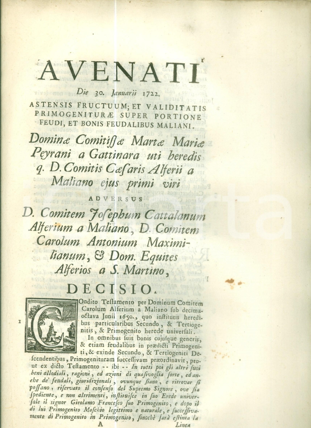 Documento originale, autentico 1763 ASTI Lite per primogenitura Marta Maria PEYRANI vs Giuseppe ALFIERI 1