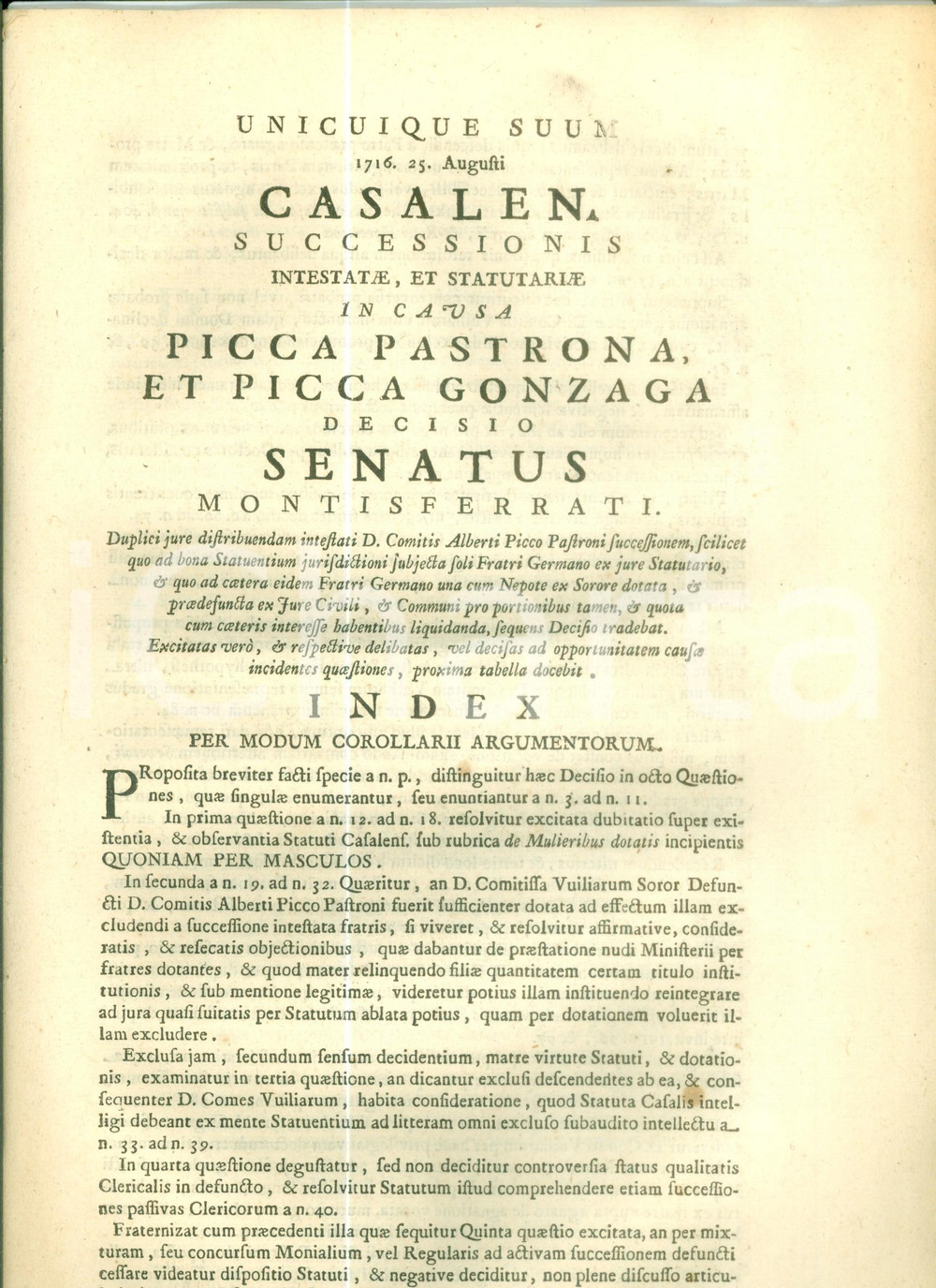 Documento originale, autentico 1755 CASALE MONFERRATO Lite successione famiglie PICCA PASTRONA PICCA GONZAGA 1