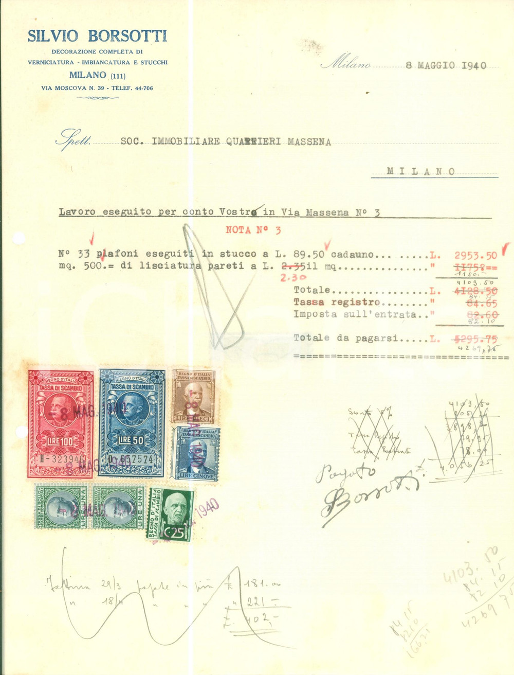 Documento originale, autentico 1940 MILANO Silvio BORSOTTI Decorazione imbiancatura e stucchi Fattura 1