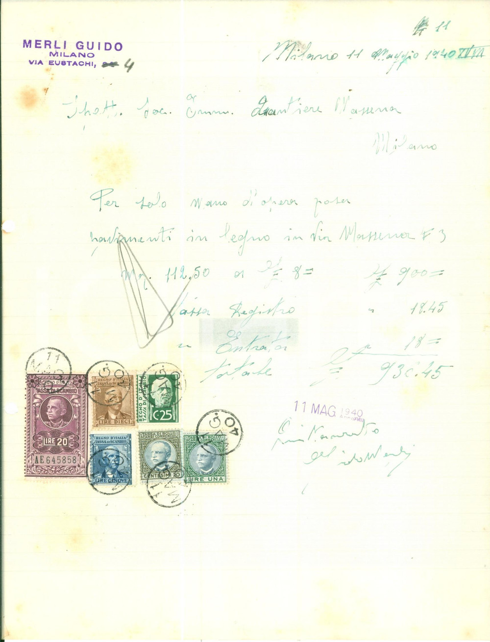 Documento originale, autentico 1940 MILANO Artigiano Guido MERLI Fattura per posa pavimenti 1