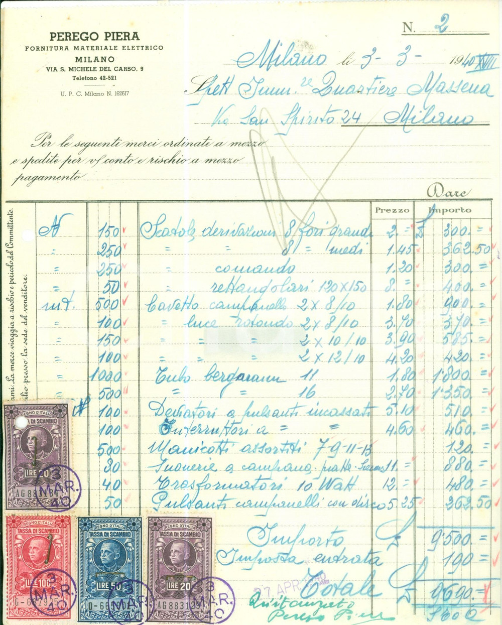 Documento originale, autentico 1940 MILANO Via S. Michele del Carso Materiale elettrico Piera PEREGO Fattura 1