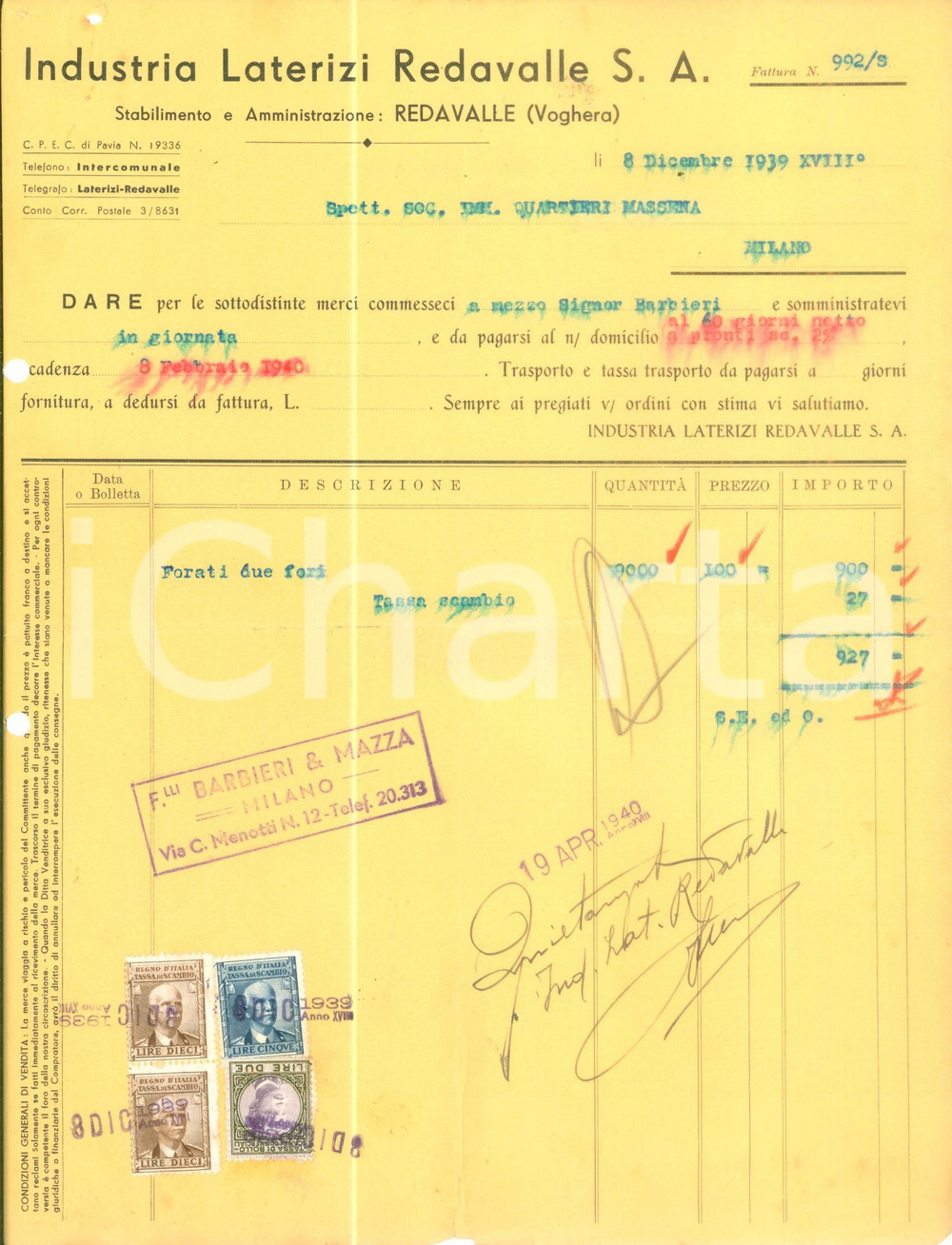 Documento originale, autentico 1939 REDAVALLE PV Industria Laterizi Fattura dattiloscritta intestata 1