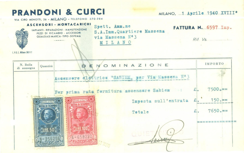 Documento originale, autentico 1940 MILANO Ascensori montacarichi PRANDONI & CURCI Fattura intestata 1