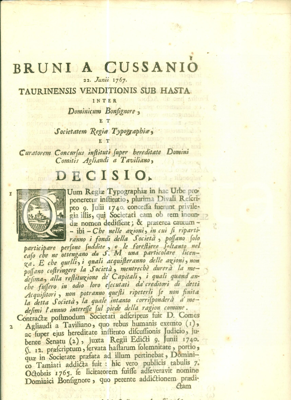 Documento originale, autentico 1768 TORINO Lite per azioni tra Domenico BONSIGNORE e Società Regia Tipografica 1