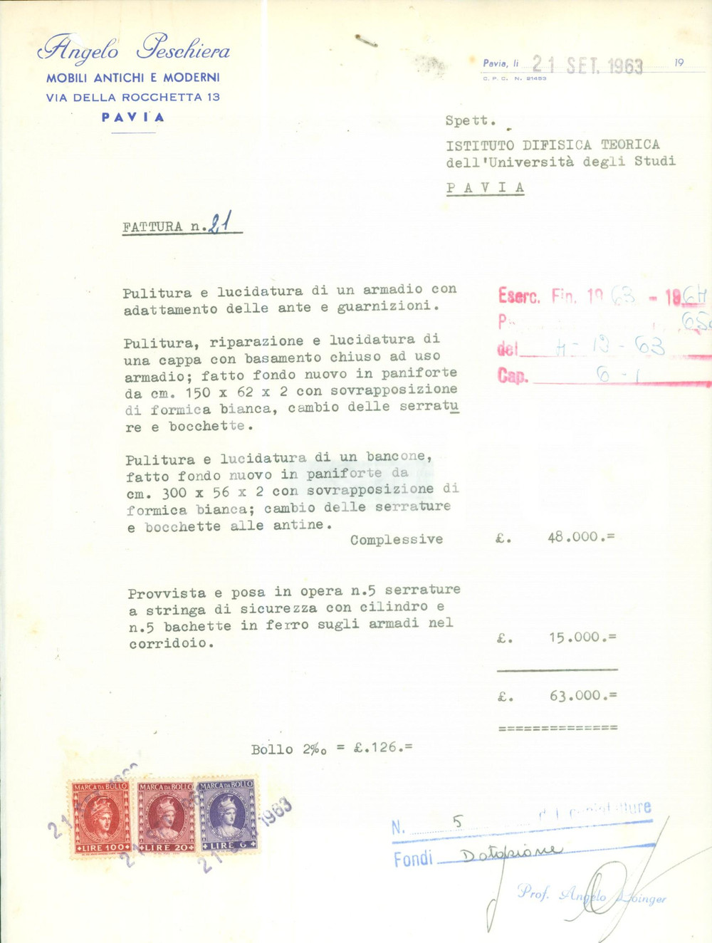 Documento originale, autentico 1963 PAVIA Via della Rocchetta Angelo PESCHIERA Mobili antichi Fattura 1