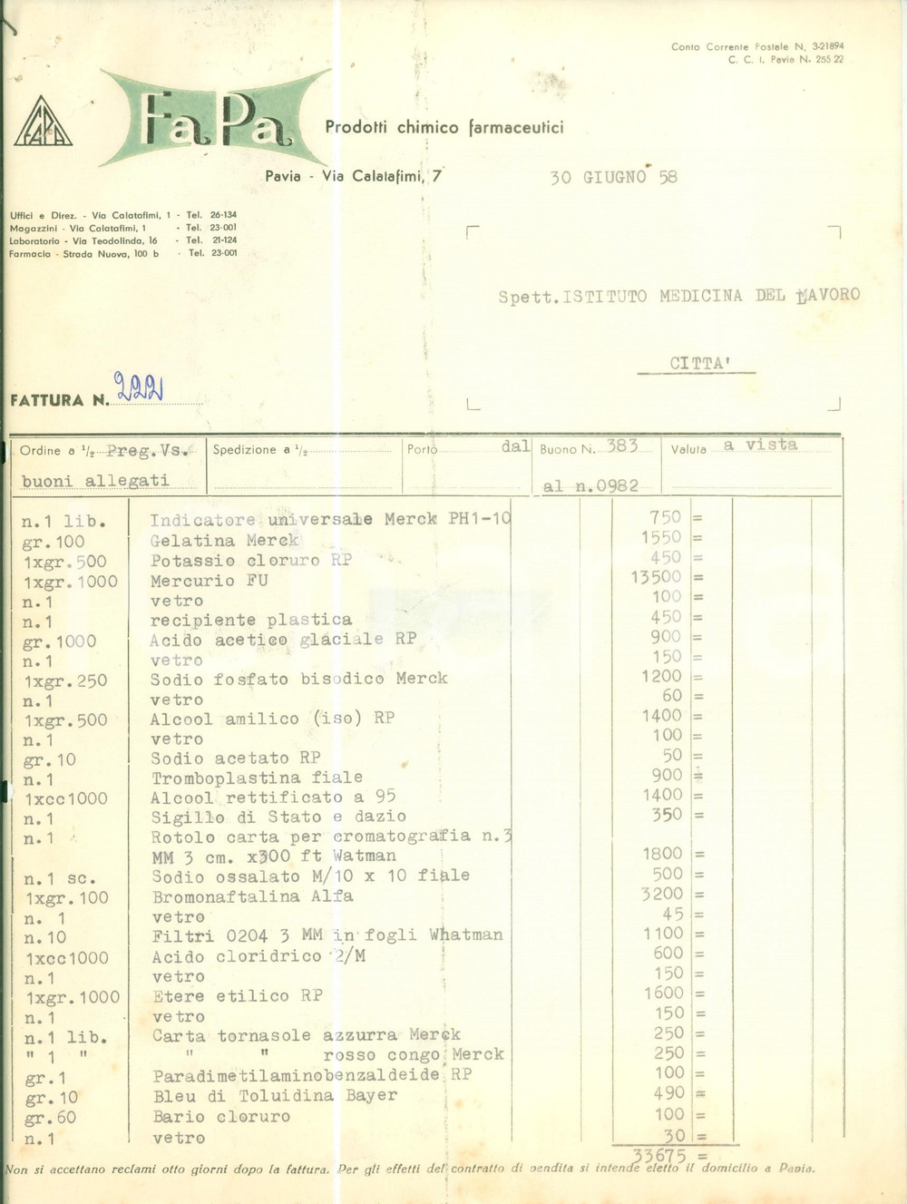 Documento originale, autentico 1958 PAVIA Prodotti chimico farmaceutici Fattura dattiloscritta intestata 1
