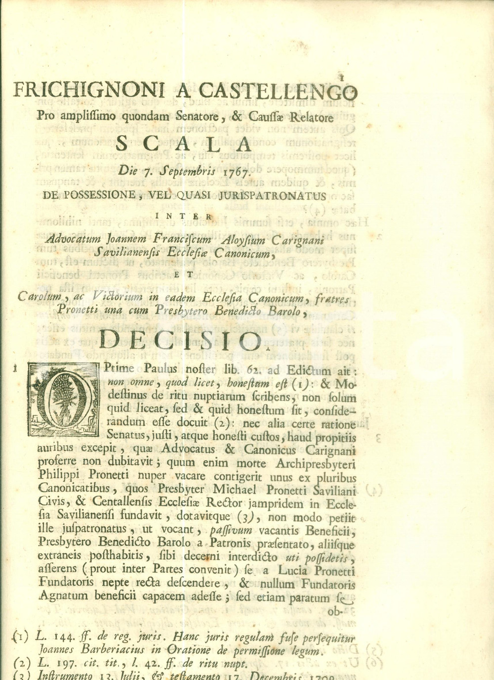 Documento originale, autentico 1768 SAVIGLIANO CN Diritto di nomina su Beneficio di Benedetto BAROLO Sentenza 1