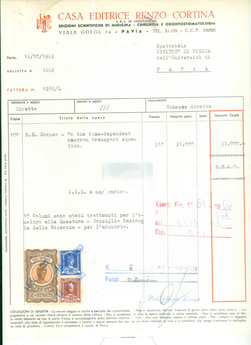 Documento originale, autentico 1963 PAVIA Casa Editrice Renzo CORTINA Fattura dattiloscritta intestata 1