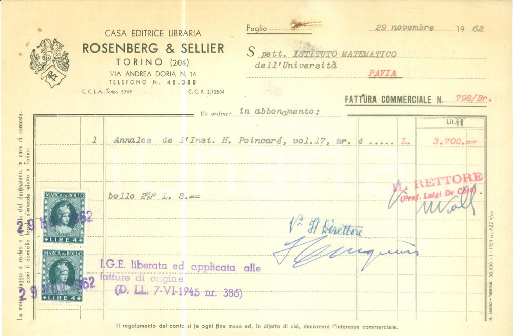 Documento originale, autentico 1962 TORINO Casa Editrice ROSENBERG & SELLIER Fattura intestata 1