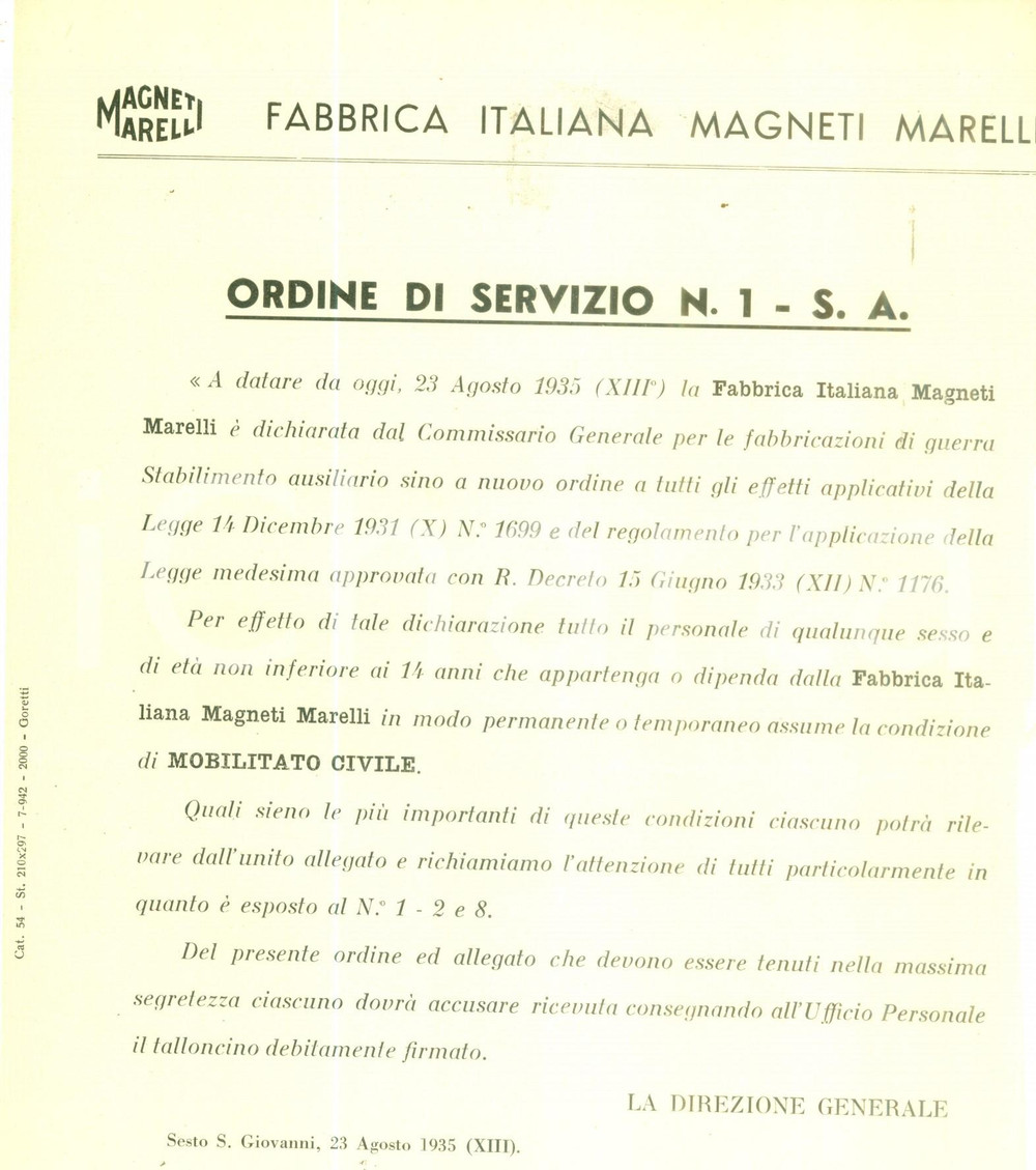 Documento originale, autentico 1935 SESTO SAN GIOVANNI MI Fabbrica Italiana MAGNETI MARELLI mobilitata civile 1