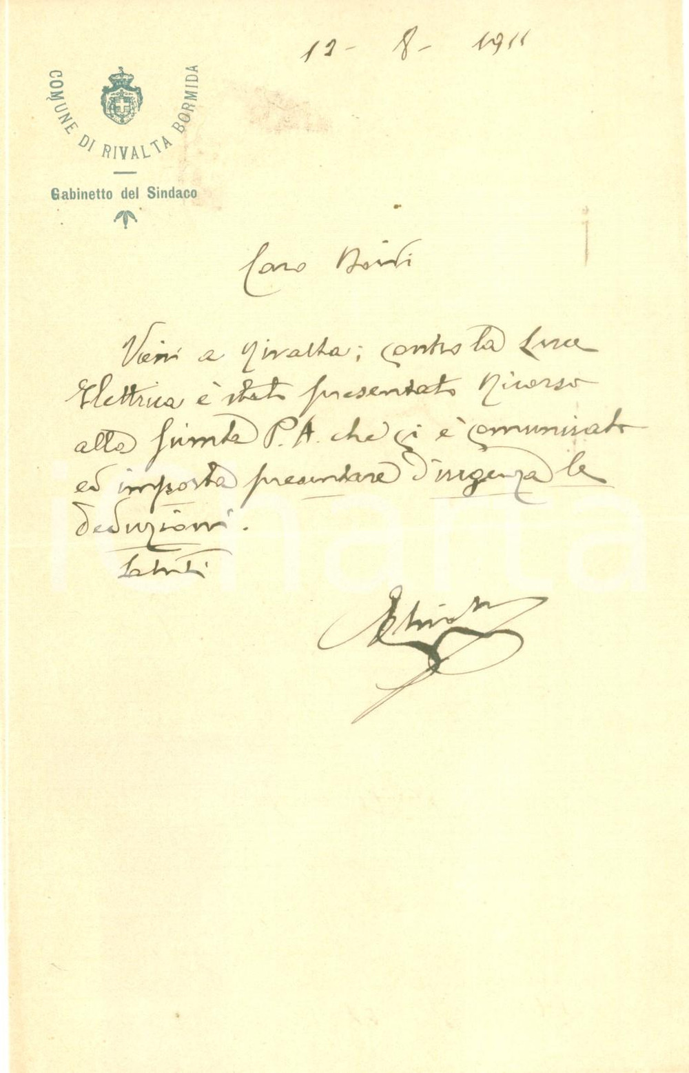 Documento originale, autentico 1911 RIVALTA BORMIDA AL Contro la luce elettrica Ã¨ stato presentato ricorso 1