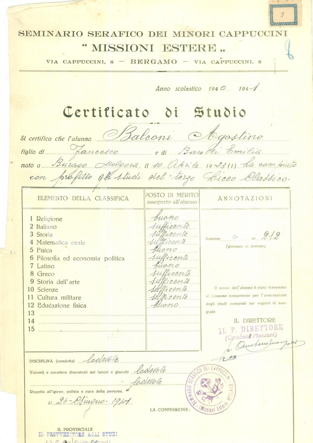 Oggetto da collezione cartaceo 1941 BERGAMO Seminario Missioni Estere Agostino BALCONI Certificato di studio 1