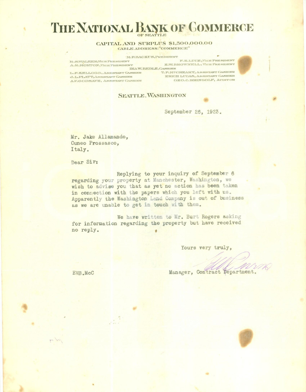 Documento originale, autentico 1923 SEATTLE USA The National Bank of Commerce Lettera commerciale 1