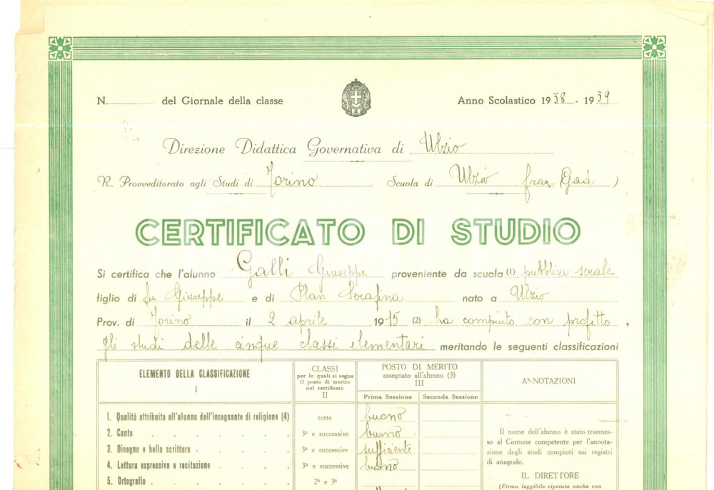 Oggetto da collezione cartaceo 1939 OULX TO Giuseppe GALLI di GAD Certificato studio scuola pubblica serale 1