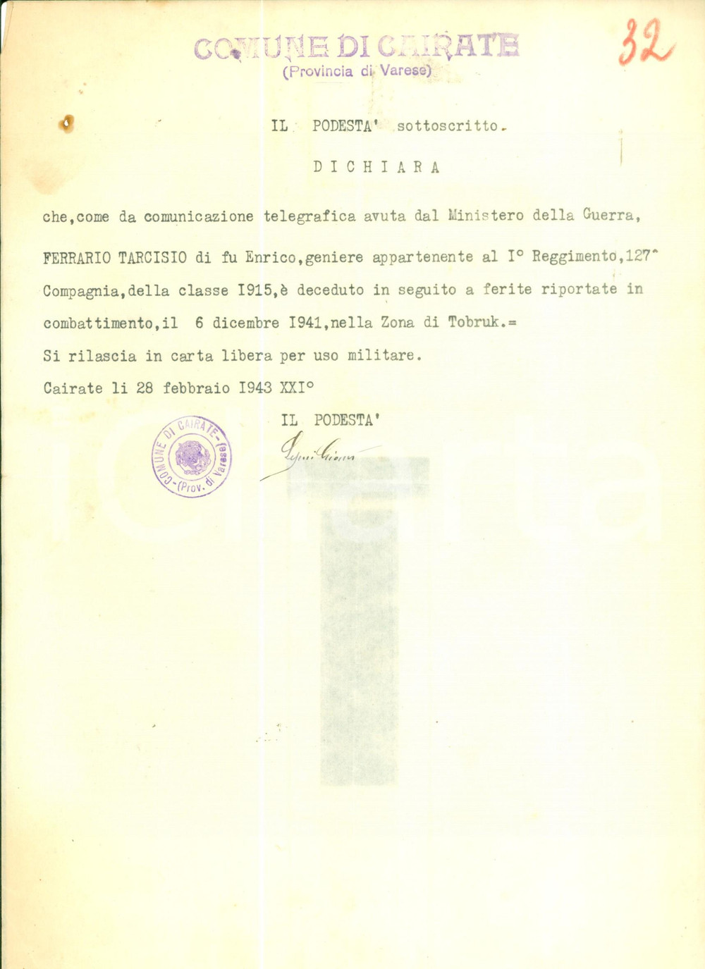 Documento originale, autentico 1943 CAIRATE VA WW2 Tarcisio FERRARIO caduto in guerra a TOBRUK Documento 1