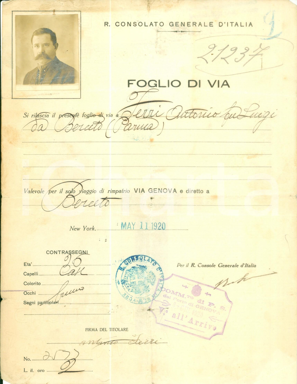 Documento originale, autentico 1920 NEW YORK USA Antonio FERRI da BERCETO Foglio di via con fotografia 1