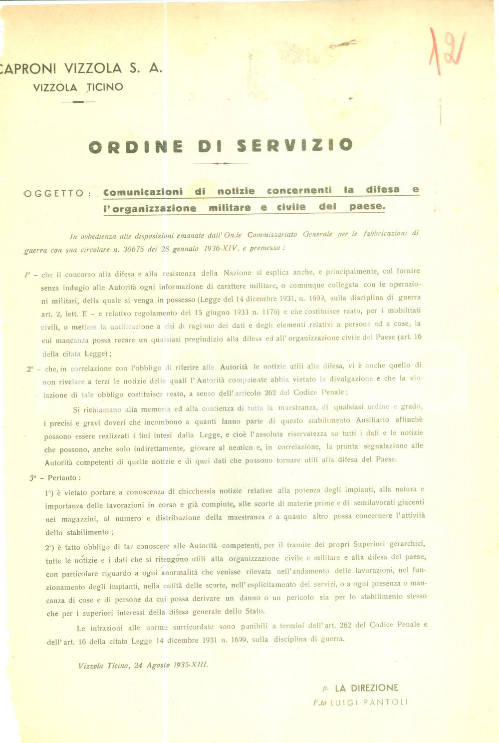 Documento originale, autentico 1935 VIZZOLA TICINO VA SocietÃ  CAPRONI VIZZOLA Norme organizzazione militare 1