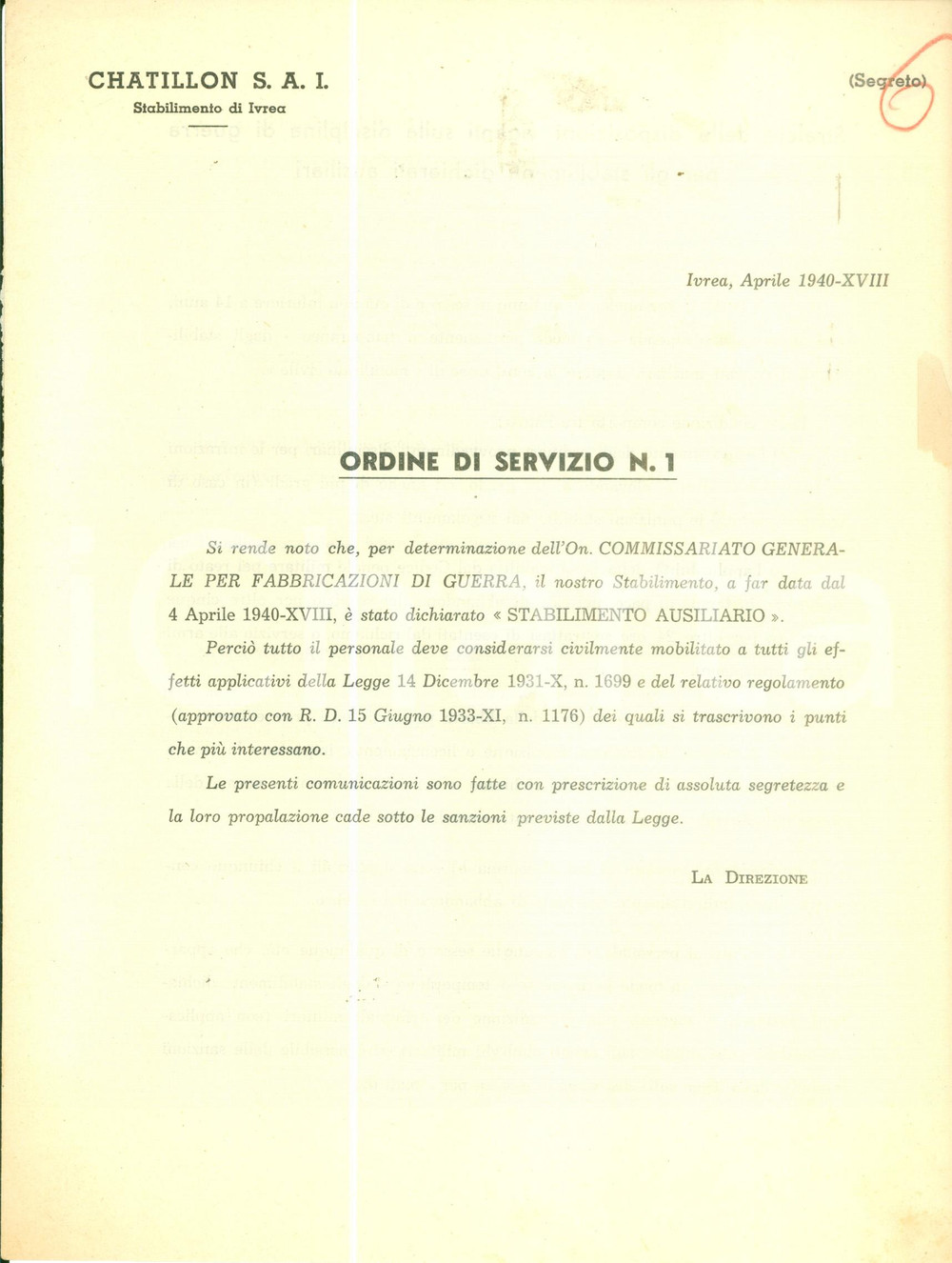 Documento originale, autentico 1940 IVREA TO Società CHATILLON dichiarata stabilimento ausiliario Documento 1